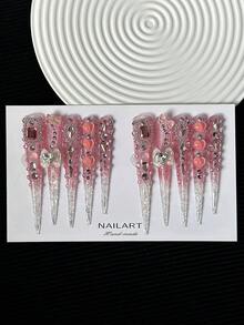 78毫米超长法式美甲贴片 - 全覆盖粉色水晶设计，饰有3D爱心和蝴蝶结，奢华闪亮假指甲，10片/套美甲用品 - 彩色 - 查看 5