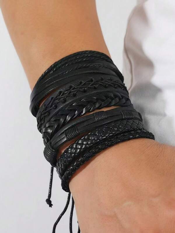 6 قطع أساور جلدية مضفرة بني وأسود بطراز بنكي غير رسمي مصنوعة يدويًا مناسبة للرجال للارتداء اليومي والمناسبات