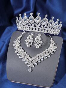 Set de 4 piezas de corona nupcial, collar y pendientes de aleación de zinc con tiara y strass, set de joyas de boda elegante para novias