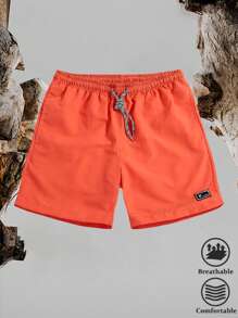 1pc Men's Summer Beach Shorts With Drawstring Waistband, Casual Style With Logo Detail | Ideal For Outdoor Activities, Leisurely Summer Days, Smooth Fabric Beach-Style Shorts
