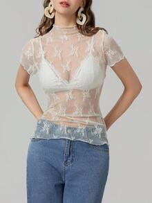 Women Lace Top, Crew Neck Short Sleeve See-Through Summer Sheer T-Shirt Clubwear - White - View 1