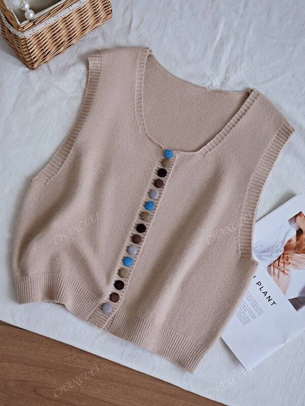 Women's Solid Color Single-Breasted Casual Sleeveless Loose Knit Top