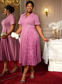 Pink Turn Down Collar A Line Dresses Lace Patchwork Short Sleeves Work Business Party Fashion Curve Women