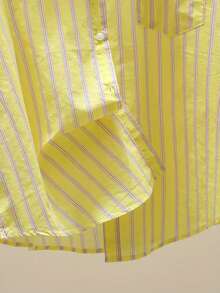 女式落肩长袖口袋条纹纽扣衬衫 - 黃色 - 查看 4