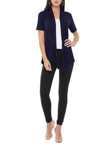 Casual Solid Short Sleeve Open Front Draped Cardigan For Office & Everyday Wear - Navy Blue - View 4