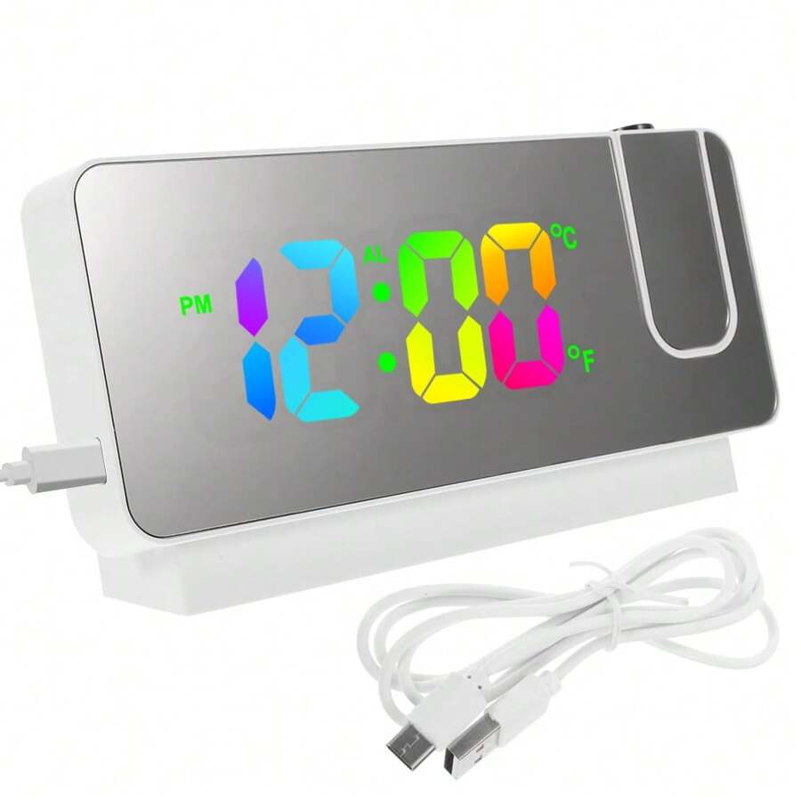 1 pieza Reloj despertador inteligente de 7 pulgadas (con cable USB), reloj despertador con proyección rotativa a 180°, pantalla LED de 4 dígitos, indicador de temperatura, ajuste de brillo, función de memoria de hora, superficie de espejo para decoración del hogar, dormitorio, dormitorio universitario, regreso a la escuela, decoración escolar