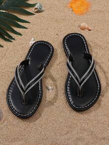 1 Pair Black Toddler/Little Girls' Rhinestone Embellished Flip Flops, Classic Round Toe Slip-On Design, Soft Sole Non-Slip, Fashion Princess Style Beach/Casual Sandals For 3-12 Years Old, Spring/Summer - Black - View 2
