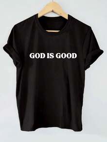 Camiseta de manga corta con cuello redondo de algodón negro de 180 g para mujer con estampado inspirador "God Is Good", camisa de fe informal, camiseta religiosa elegante, ropa cristiana suave para el uso diario, top estampado de ajuste cómodo - Negro - Ver 1