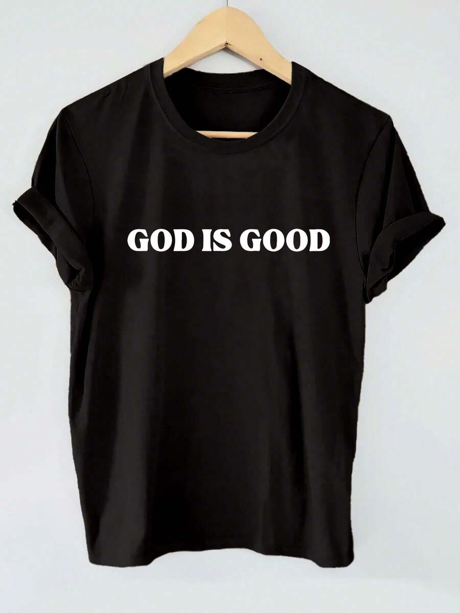 Camiseta de manga corta con cuello redondo de algodón negro de 180 g para mujer con estampado inspirador "God Is Good", camisa de fe informal, camiseta religiosa elegante, ropa cristiana suave para el uso diario, top estampado de ajuste cómodo - Negro - Ver 1