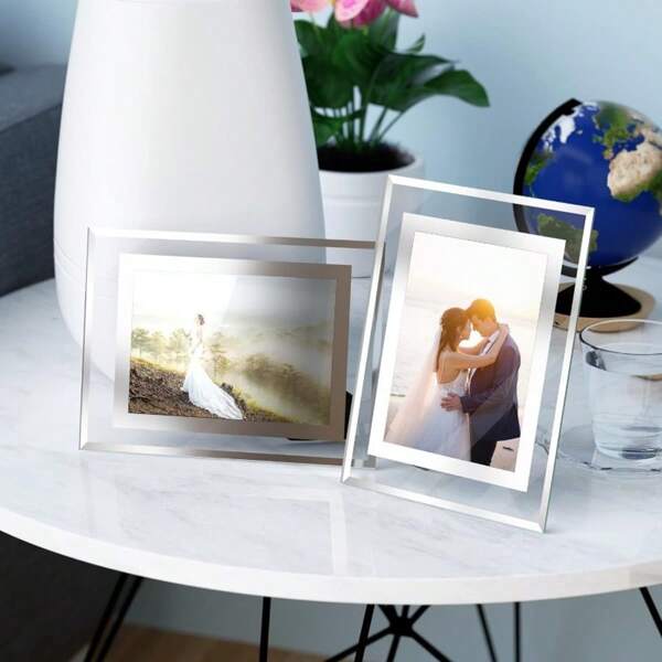 1 peça de porta-retratos de vidro para mesa, decoração de casa e escritório, acabamento prateado, exibição de arte de parede horizontal ou vertical