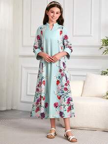 Tween Girls Arabic Style Loose Printed Long Dress - Multicolor - View 5