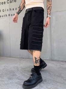 Shorts vaqueros casuales de corte holgado con estilo callejero pionero de parches negros para hombres GlobeSwift, aptos para primavera/verano