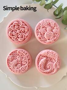 4-Piece Set Of Pastry Molds With Blessing Patterns, Birthday Gift Baking Sets, Bento Supplies, Handmade DIY Cookies Molds, Cake, Biscuit, Stamp Biscuit Cutting Molds, Holiday Party Mooncake Bean Paste Cake Kitchen Tools,Dessert Mold.Mooncake Mold Set Cookie Shaper.