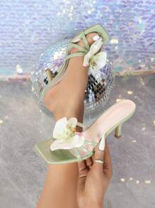 Sandalias de tacón alto de stiletto para mujer, diseño minimalista y elegante de unicolor con tira y punta cuadrada, aptas para fiesta, boda y uso diario