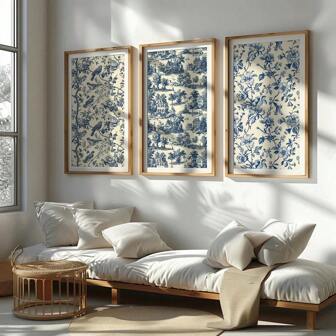 Set Of 3 Unframed Vintage Blue Toile De Jouy Abstract Wall Art Canvas Poster Print Minimalist Antique Floral Bird Retro Painting For Dorm,Living Room,Apartment,Bedroom,Modern Home Decoration