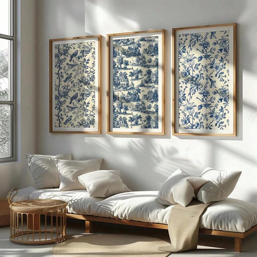 一套三幅无框复古蓝色玩具图案抽象艺术帆布海报，饰以简约复古的花鸟图案。适用于宿舍、客厅、公寓、卧室和现代家居装饰。 - 彩色 - 查看 1
