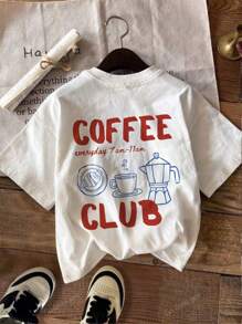Camiseta casual de mujer con cuello redondo y manga corta, estampado de café en inglés, diseño minimalista, uso versátil diario