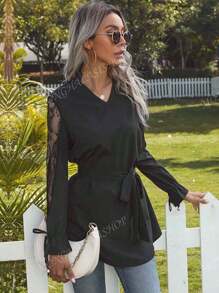Las mujeres de malla corbata camisa Slim Loose Temperamento Cuello de pie Top
