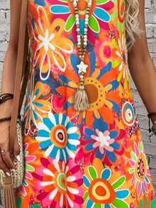Colorful Print Sleeveless Midi Dress, Slimming & Energetic