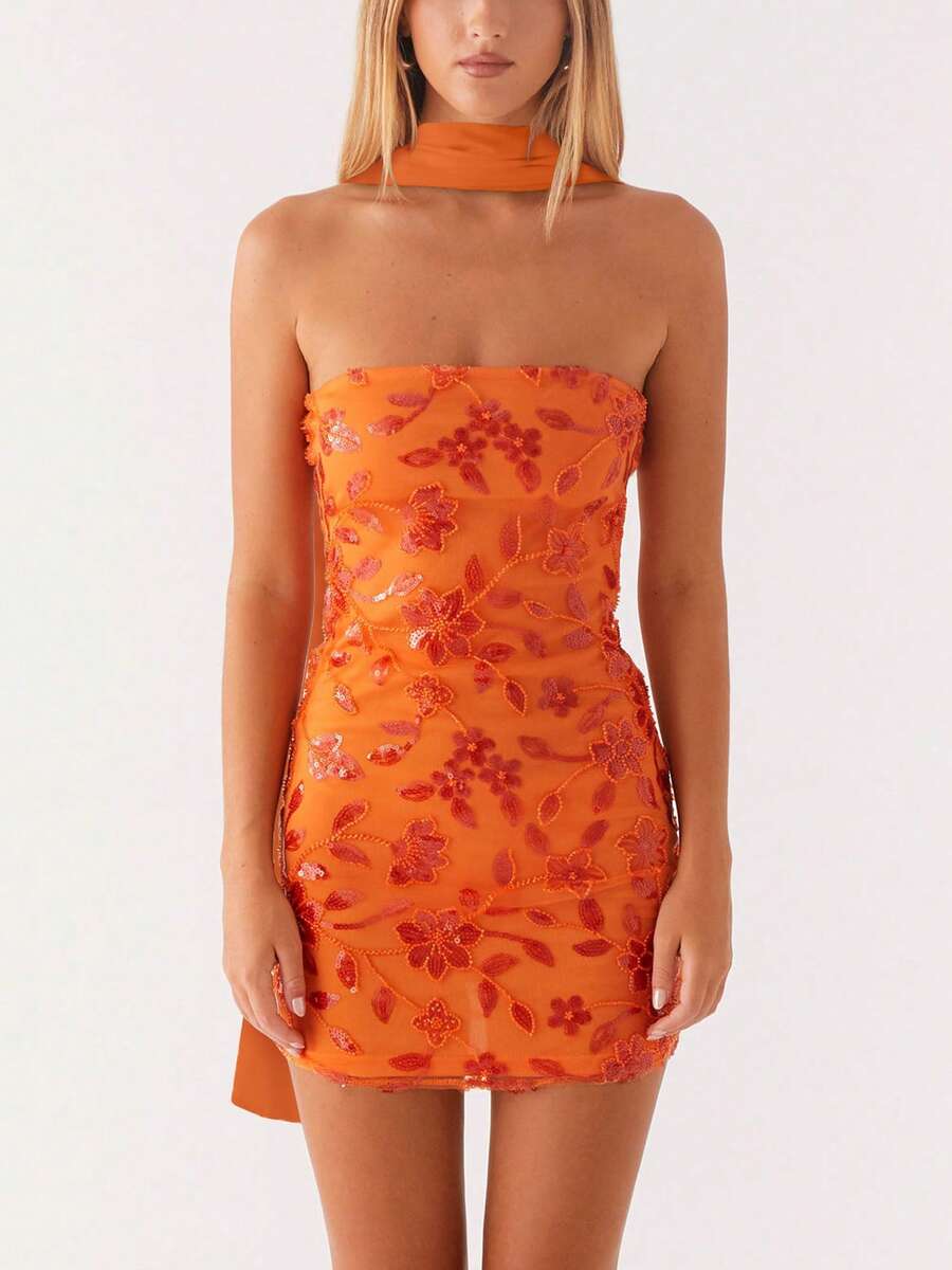 Womens Sequin Beaded Mini Dress With Scarf Y2k Strapless Sparkle Short Dresses Summer Club Party Glitter Dress - trái cam - Xem 1