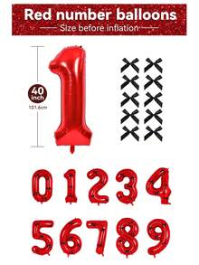 1pc 40-Inch Red Number Balloon With 10pcs Ribbon Bows, Large Helium-Filled Red Polyester Foil Digit Balloon For Birthday, Party, Graduation, Anniversary, Photo Shooting
