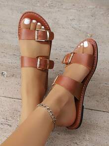 2025 新款多带扣凉拖，夏季百搭舒适女士人字拖，时尚简约宽带日常休闲沙滩拖鞋，软底防滑复古凉鞋，法式时尚风格，可调节带子设计，适合不同脚型 - 棕色 - 查看 5