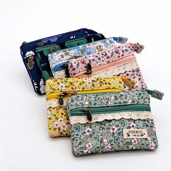 1 Peça Porta-moedas Floral para Mulheres - Porta-cartões com Zíper na Moda, Forro de Poliéster, Bolsa de Mão Estilosa, Acessórios Essenciais Diários, Fechamento com Zíper, Estilo Pastoril, Lavável à Mão