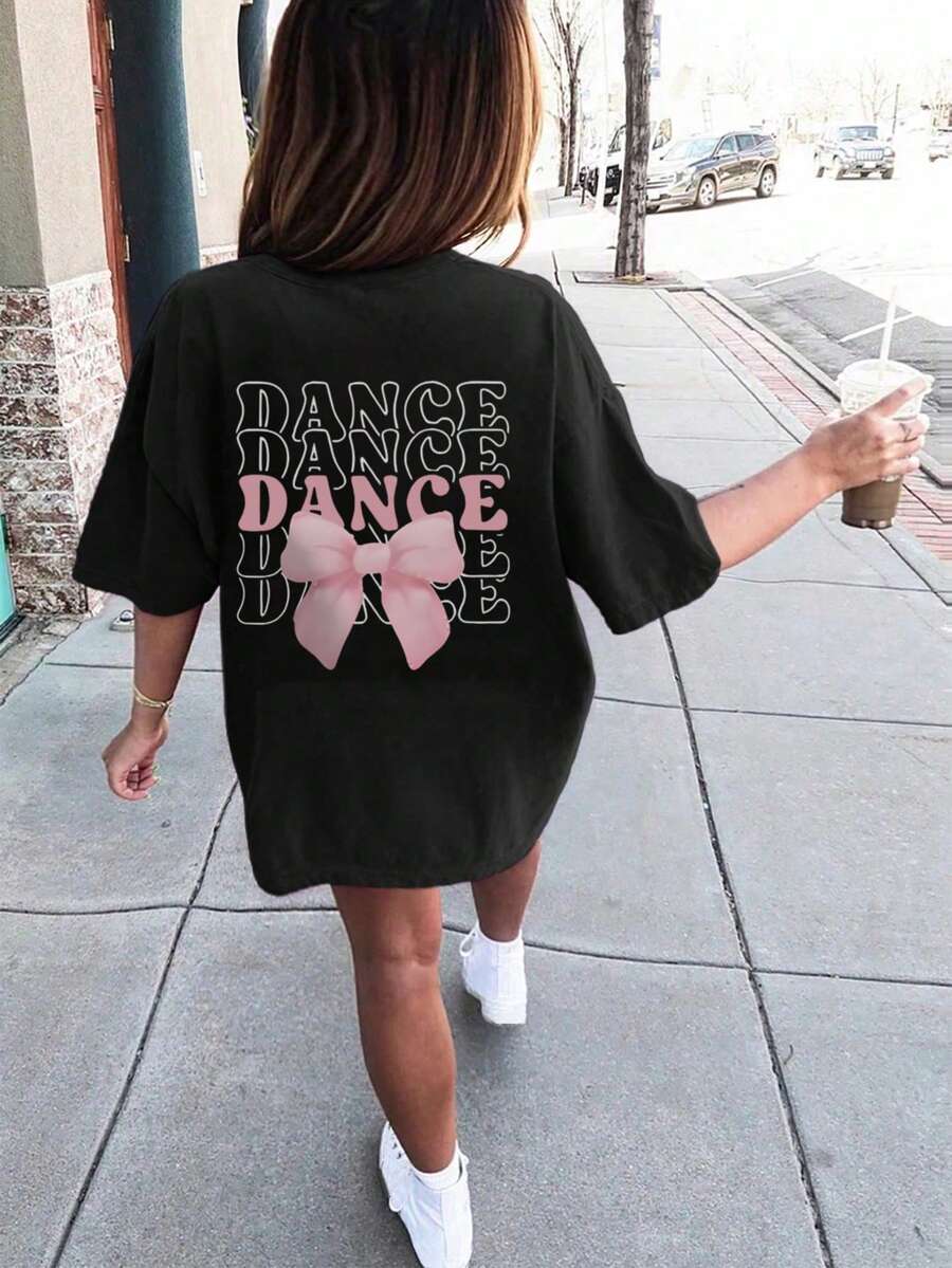 粉色蝴蝶结标语设计休闲童装，女童短袖T恤，适合青少年女孩夏季穿着 - 黑色 - 查看 1