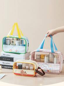 1pc Cartoon & Plaid Transparent PVC Toiletry Bag, Double Layer Dry-Wet Separation Organizer Bag, Waterproof For Travel & Swimming