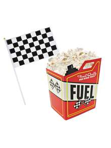 12件赛车爆米花零食盒，内含12面格子旗，尺寸为6英寸 x 4英寸，黑白赛车旗（可供12人食用），适用于赛车生日派对用品、怪物卡车、赛车主题装饰。这些赛车爆米花盒设计巧妙，形似汽油罐，并配有格子旗。您可以用爆米花、糖果或礼物来装扮它们，送给朋友，他们一定会喜欢。