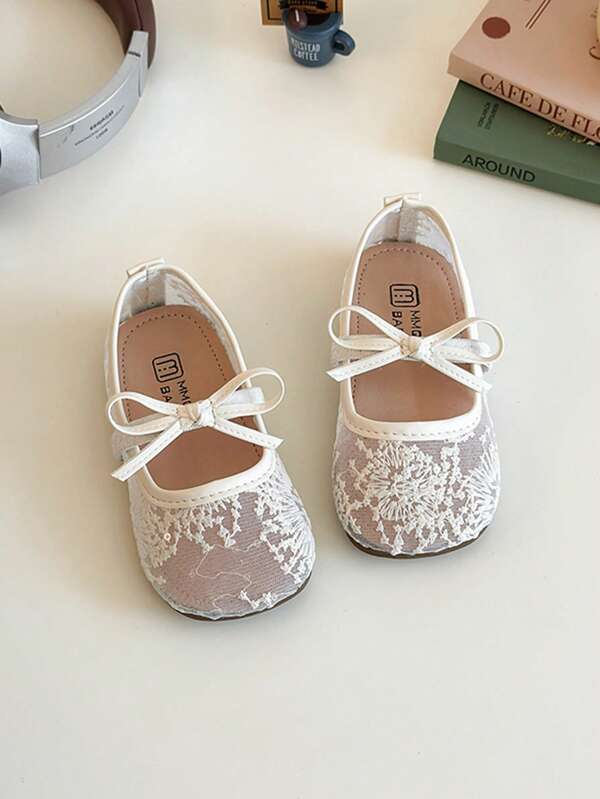 1 paire de chaussures plates à mailles pour filles, bout rond, broderie, décoration de nœud, sandales à enfiler, style campagnard beige, chaussures d'été casual, convenant aux robes, pique-niques, camping