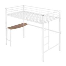 Litera metálica doble con escritorio, escalera y barandillas; Cama alta para dormitorio - Blanco - Ver 3
