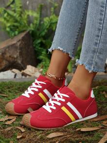 Pink Casual Sport Sneakers, Fashionable Soft Training Shoes For Women, Versatile, Lightweight, Anti-Slip, Minimalist Style Suitable For Students, Lace-Up Outdoor Sport Running Shoes, All Season - Red - View 1
