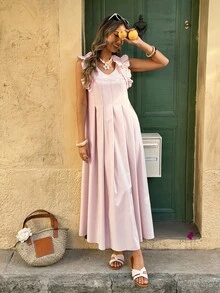 女式泡泡袖荷叶边喇叭长连衣裙 - 粉色 - 查看 5