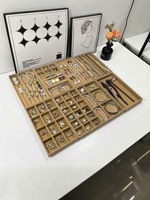 8/1pc Brown Velvet Jewelry Display Tray - Fabric Lined Storage Box For Bracelets, Earrings And Rings, Jewelry Storage Tray, Jewelry Tray, Earrings, Jewelry Necklaces, Rings, Home Decor, New Year Gift, Valentine's Day Gift Jewelry Display Tray, Stackable Drawer Jewelry Storage Box, Velvet Grid Jewelry Organizing Tray, Multi-Purpose Jewelry Box For Rings, Earrings And Necklaces, Large Capacity Drawer, Convenient Classification, Space Saving