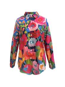 Camisa informal con estampado colorido - Camisa de manga larga con cuello vuelto y un solo hilera de botones - Apta para uso en el hogar, salidas y la oficina durante las cuatro estaciones - Traje 2 - Ver 2