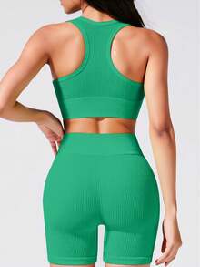 Women's Sports Bra Sets GYM Bras And Leggings Combination Comfortable Steel-Free U-Neck Low-Rise - Green - View 3