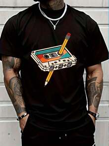 100% Cotton 80s 90s Retro Cassette Tape 1980s 1990s Music Vintage Outfit T-Shirt Round Neck Short Sleeve T-Shirt Women's Men's Graphic Tee Women's Men Graphic Tee - màu đen - Xem 1