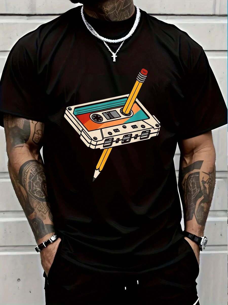 100% Cotton 80s 90s Retro Cassette Tape 1980s 1990s Music Vintage Outfit T-Shirt Round Neck Short Sleeve T-Shirt Women's Men's Graphic Tee Women's Men Graphic Tee - màu đen - Xem 1