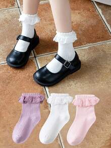 1 Pair/3 Pairs Girls Lace Trim Princess Ankle Socks, Breathable Solid Color Mesh Socks With Bow, Thin Summer - Multicolor - View 15