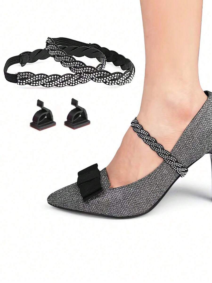 1 Pair Of Elastic Black Weaved High Heel Shoe Straps With Rhinestones, Non-Slip, Anti-Drop Shoe Straps For Heels - Black - View 1