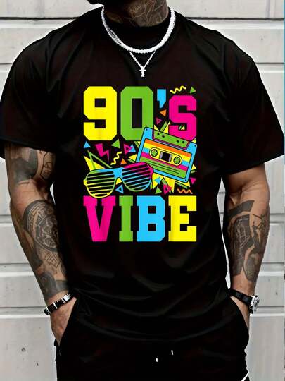 100% Cotton 90's Vibe Retro 1990s 90s Style Party Outfit Men T-Shirt Short Sleeve T-Shirt Men's Graphic Tee Causal Tops Men Graphic Tee