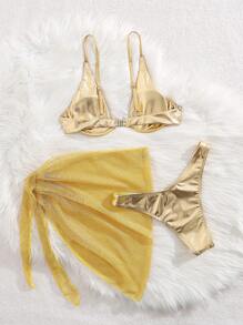 3pcs/Set Solid Color Sexy Backless Reflective Swimsuit Set, Beach Wear