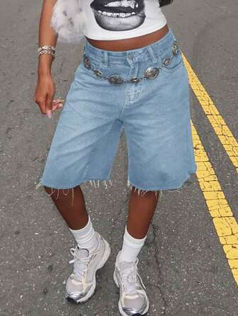 Y2K Street Vintage Slant Pocket Distressed Ripped Raw Hem Wide Leg Bermuda Denim Shorts Knee Length Jeans Comfy Jorts For Music Festival