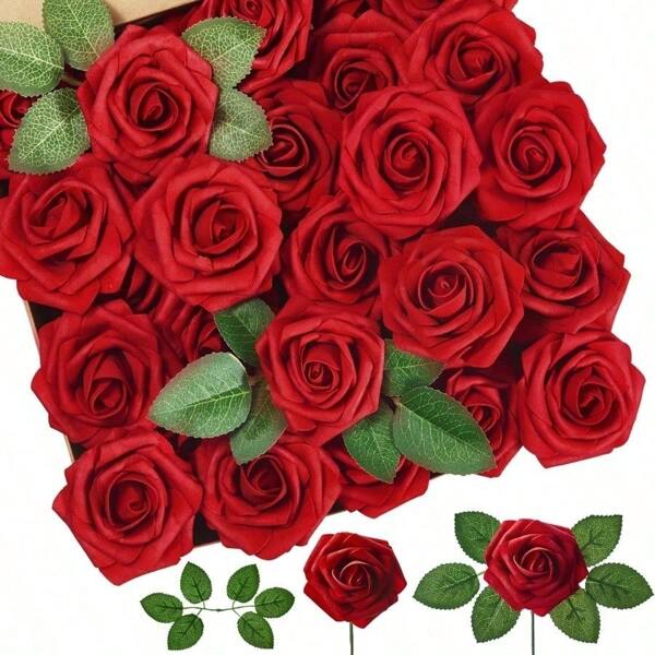 15/25 Peças Rosas Artificiais Parecem Verdadeiras, Rosas Falsas de Espuma com Hastes para Buquês de Casamento DIY, Decoração de Chá de Panela, Centros de Mesa de Festa, Decoração Vermelha (Exceto Caixa)