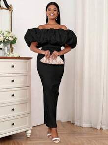 Fashionable Ruffle Short Sleeve Off-Shoulder Fitted Long Dress, Suitable For Wedding Guest, Graduation Ceremony, Gala, Date, Party, Wedding, Bridesmaid, Back To School Season And Other Occasions - Black - View 5