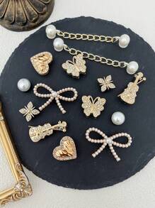 14pcs Wooden Clog Charms (Pink Bow, Black Crown, Black Flower, Golden Diamond Chain) - Detachable DIY Decorations For Customizing Mary Janes, Garden Shoes, Clogs, Sandals, And Beach Bags - Perfect Gift For Holidays, Parties And Special Occasions