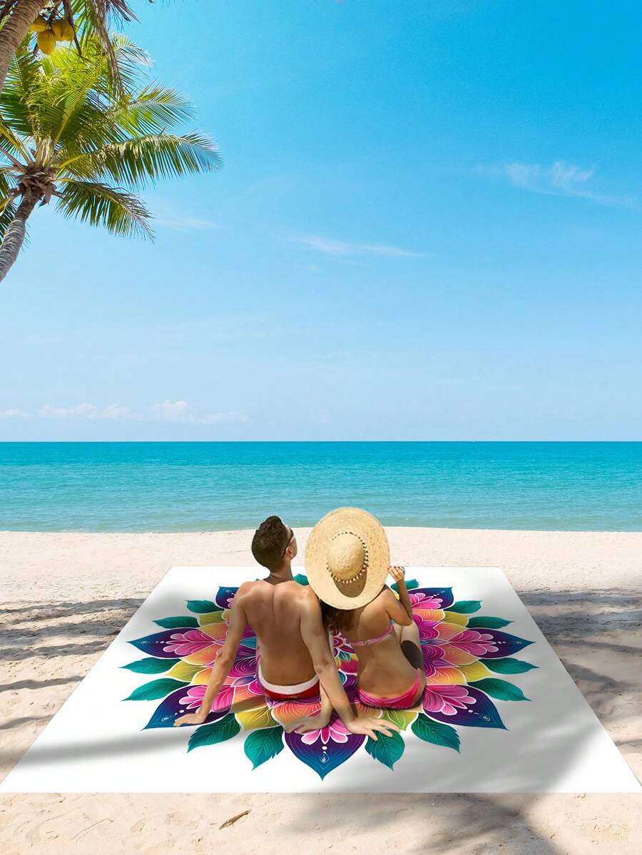 1 件曼陀罗花防水防沙沙滩毯，轻便耐用，适合海滩、度假、户外露营和野餐 - 彩色 - 查看 1