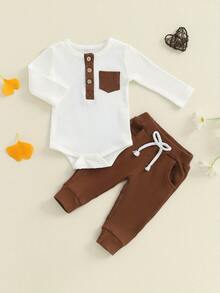 Baby Boy's Autumn 2-Piece Set - Ribbed Button Romper  Bow Detail Pants With Pockets - Khaki - View 1