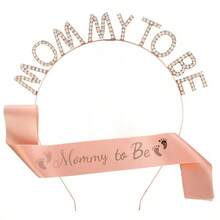 Bộ 2 món "Mommy To Be" cho tiệc: 1 vương miện đính đá và 1 dây đeo vai cho chân, dùng cho tiệc tiết lộ giới tính của bé, quà tặng trang trí tiệc mừng em bé chào đời - Hoa hồng vàng - Xem 1